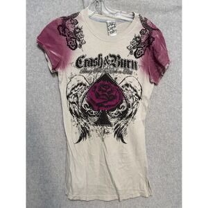 Crash & Burn Shirt Womens Small Multicolor Dragon Rose Rhinestone Rock Tee Top